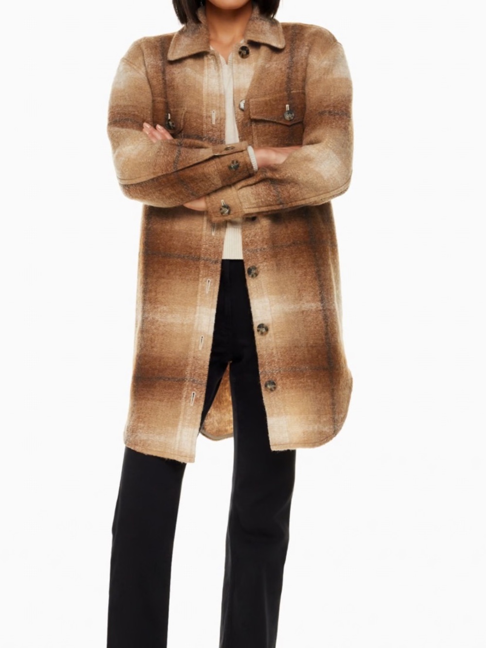Aritzia Women’s Brown Plaid Wool-Blend Shacket Jacket